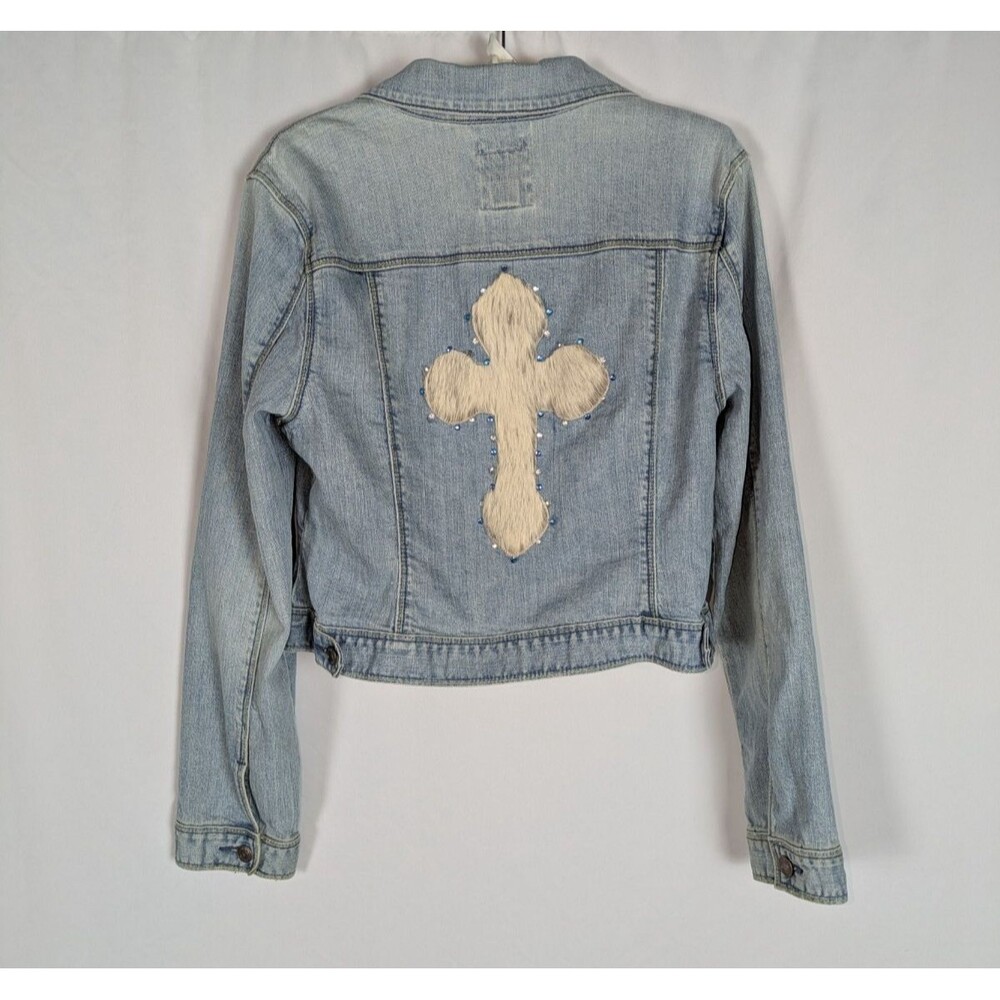 Old Navy Jean Jacket L Women's Blue Light Wash Upcycled Denim Fleur De Lis Cross